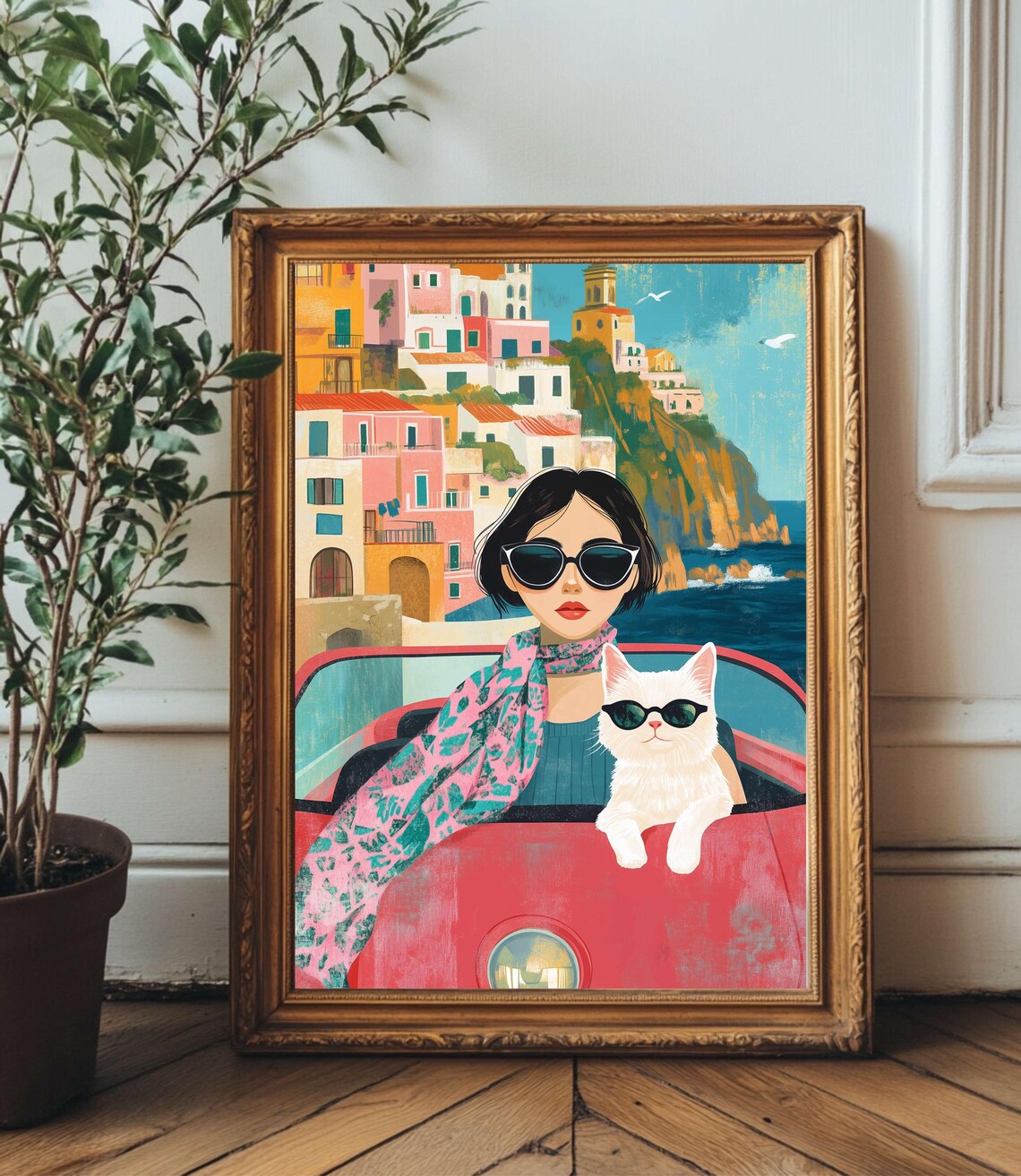 Amalfi Coast Retro Cat Road Trip Italian Summer Poster Woman and Cat