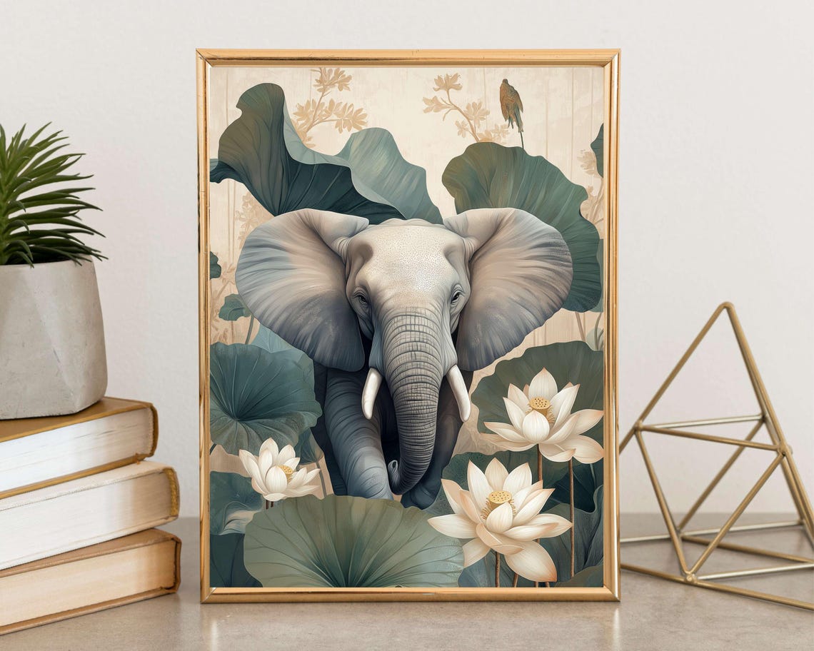 Elephant White Lotus Blossom Chinoiserie Botanical Wildlife Poster