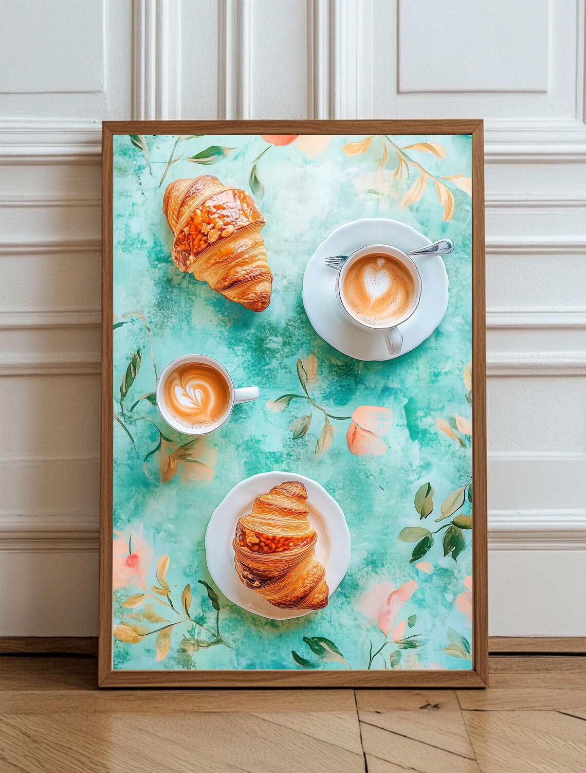 French Cafe Croissant and Coffee Flat Lay Watercolor Art Poster