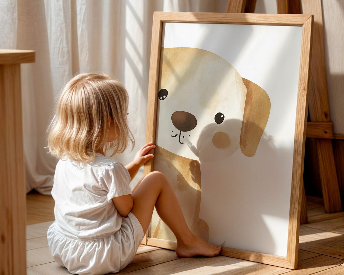 Adorable Golden Watercolor Puppy Nursery Wall Art Floppy Ear Dog - Image 2