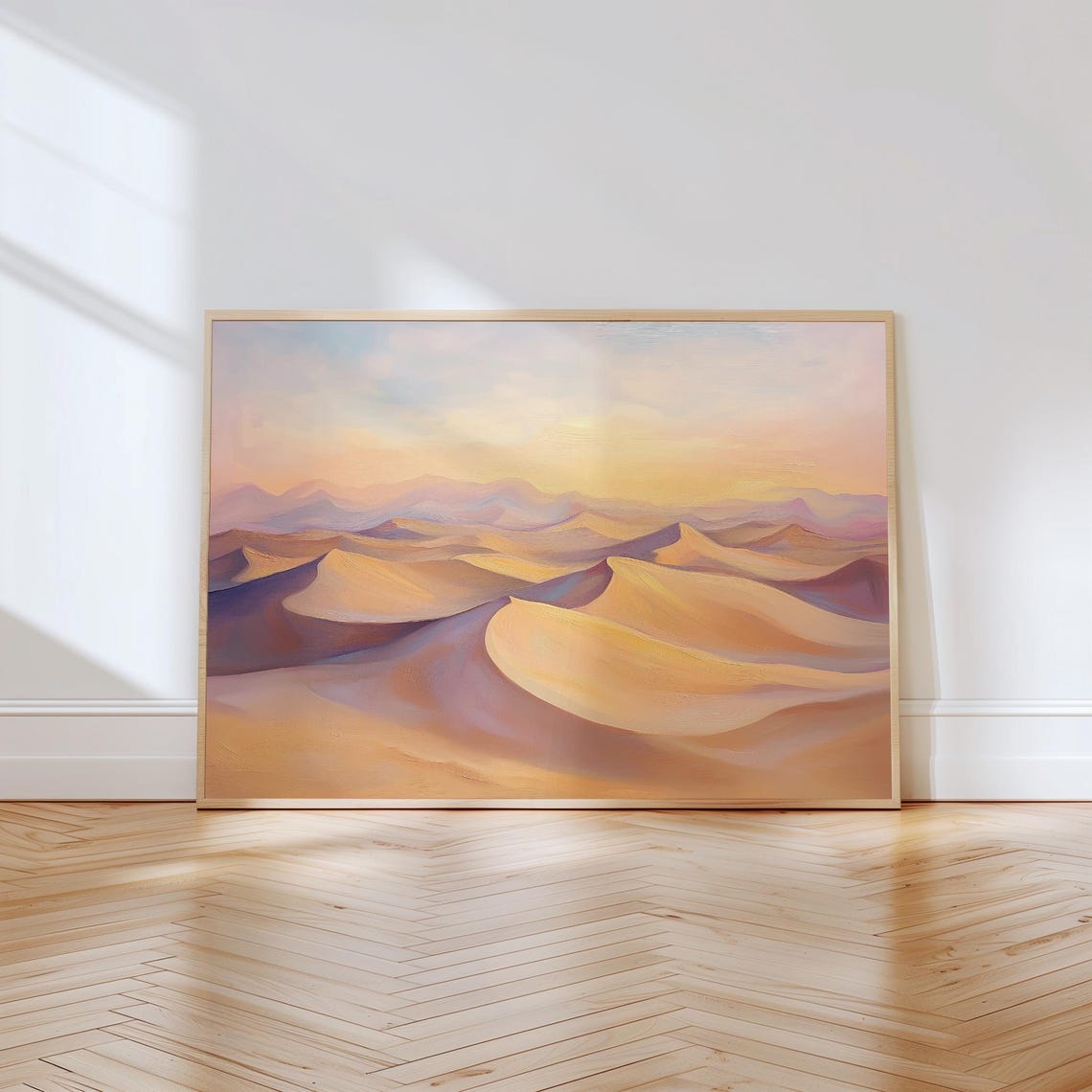 Vast Desert Sand Dunes at Sunrise in Warm Pastel Tones Poster - Image 2