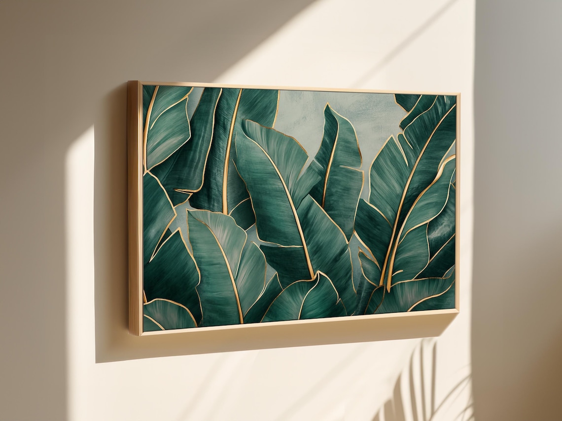 Large Tropical Banana Leaves With Golden Veins Modern Art Poster - Image 2