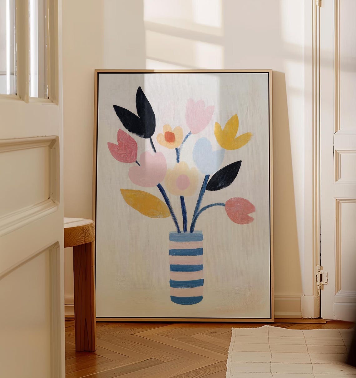 Minimalist Pastel Tulips Floral Painting with Blue Vase Wall Art - Image 5