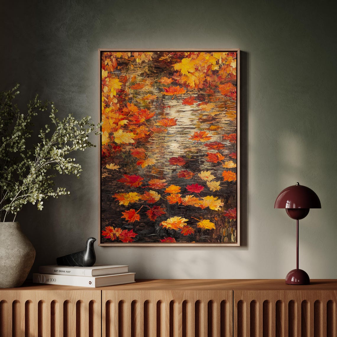 Bright Autumn Maple Leaves Floating on a Dark Forest Stream Poster - Image 5