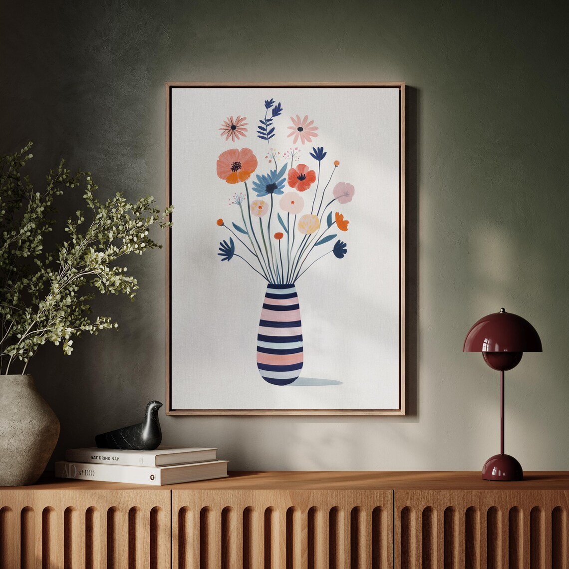 Tall Playful Wildflowers in Striped Vase Minimalist Floral Wall Art - Image 4