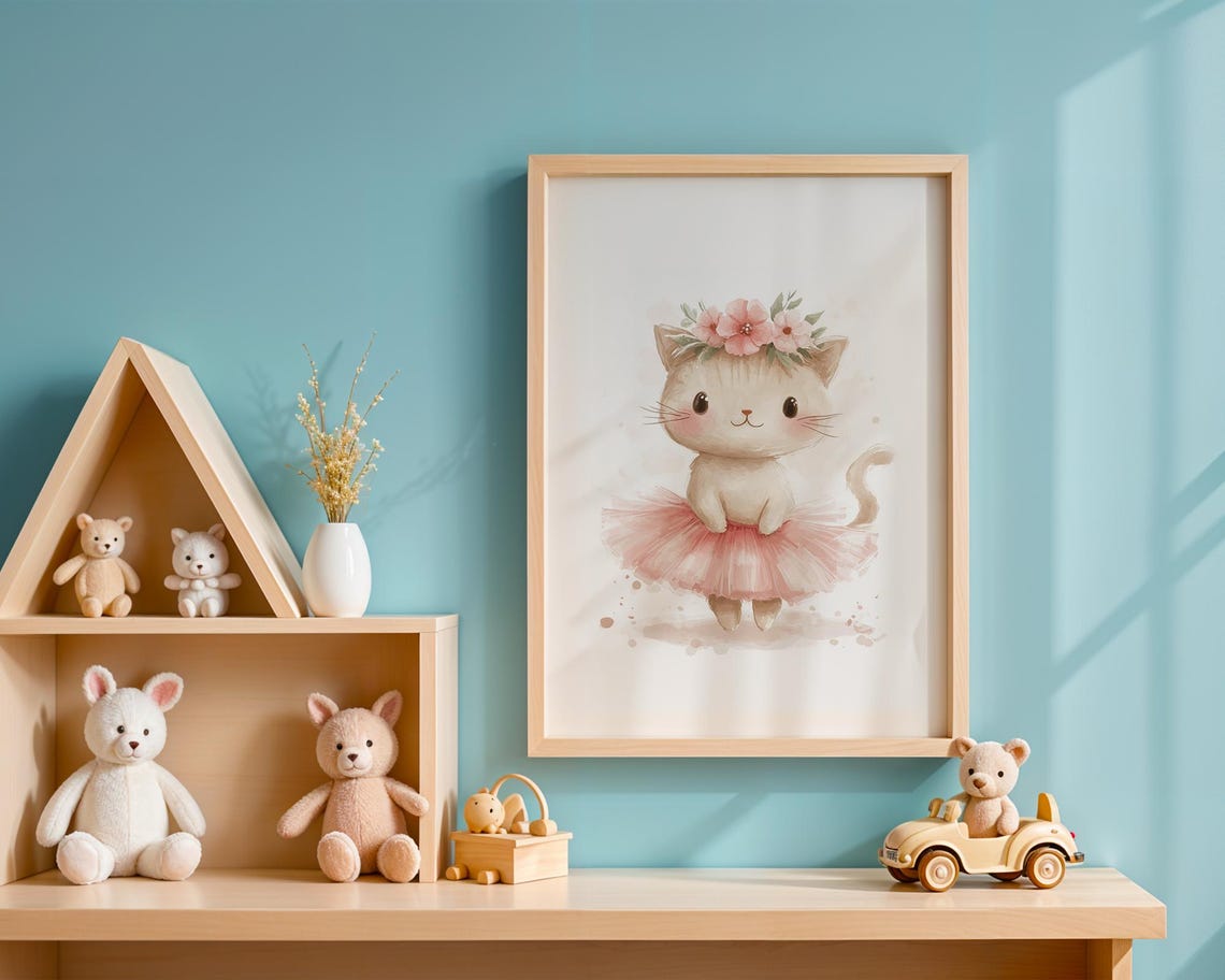 Cheerful Cute Cartoon Cat Ballerina in Pink Tutu Nursery Art Poster - Image 3