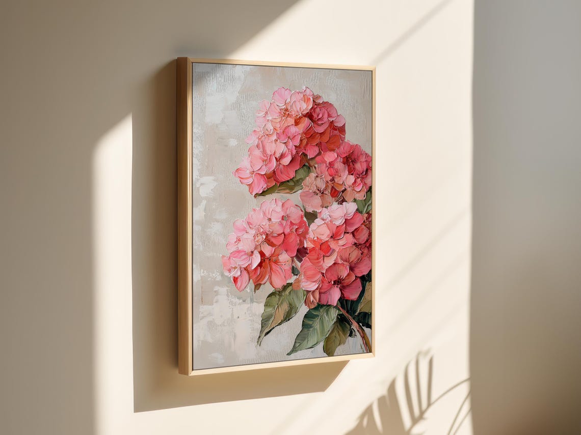 Vibrant Pink Coral Hydrangea Blooms Textured Floral Art Poster - Image 2