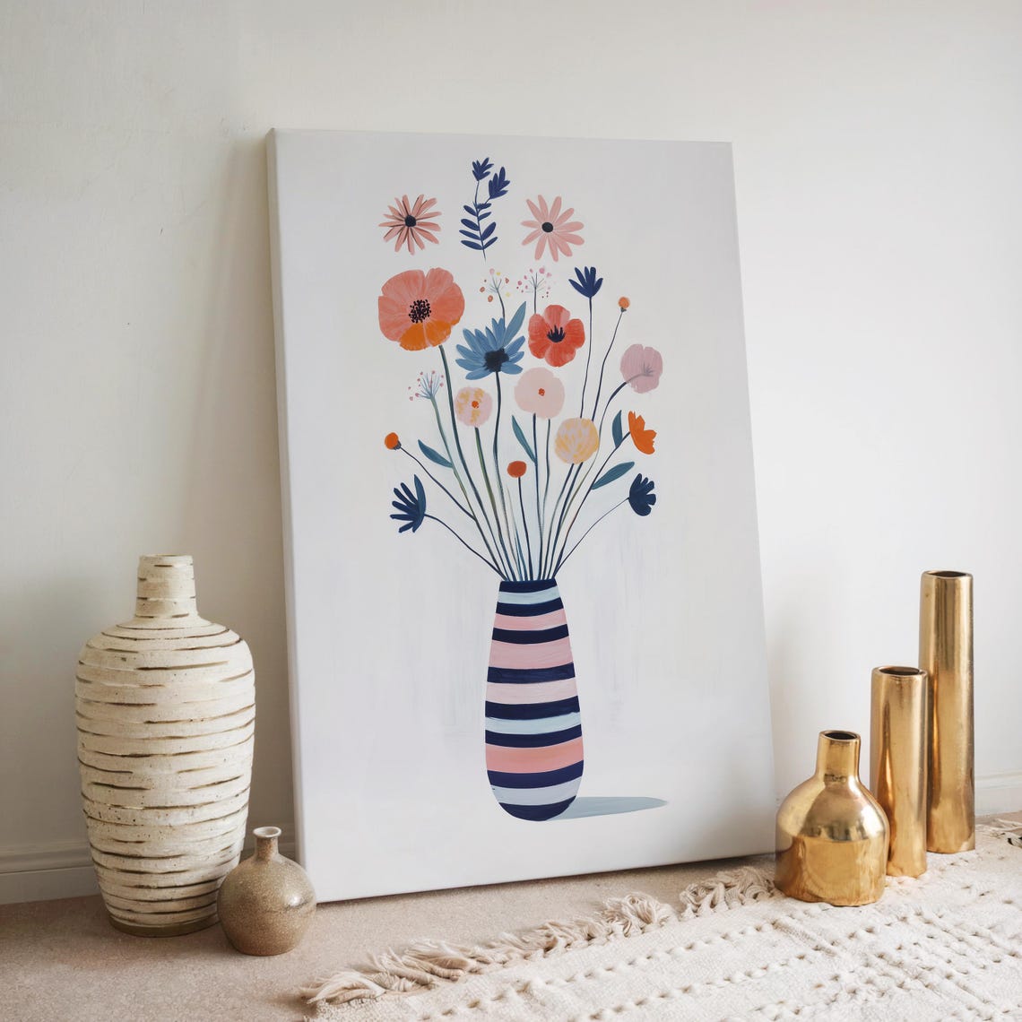 Tall Playful Wildflowers in Striped Vase Minimalist Floral Wall Art