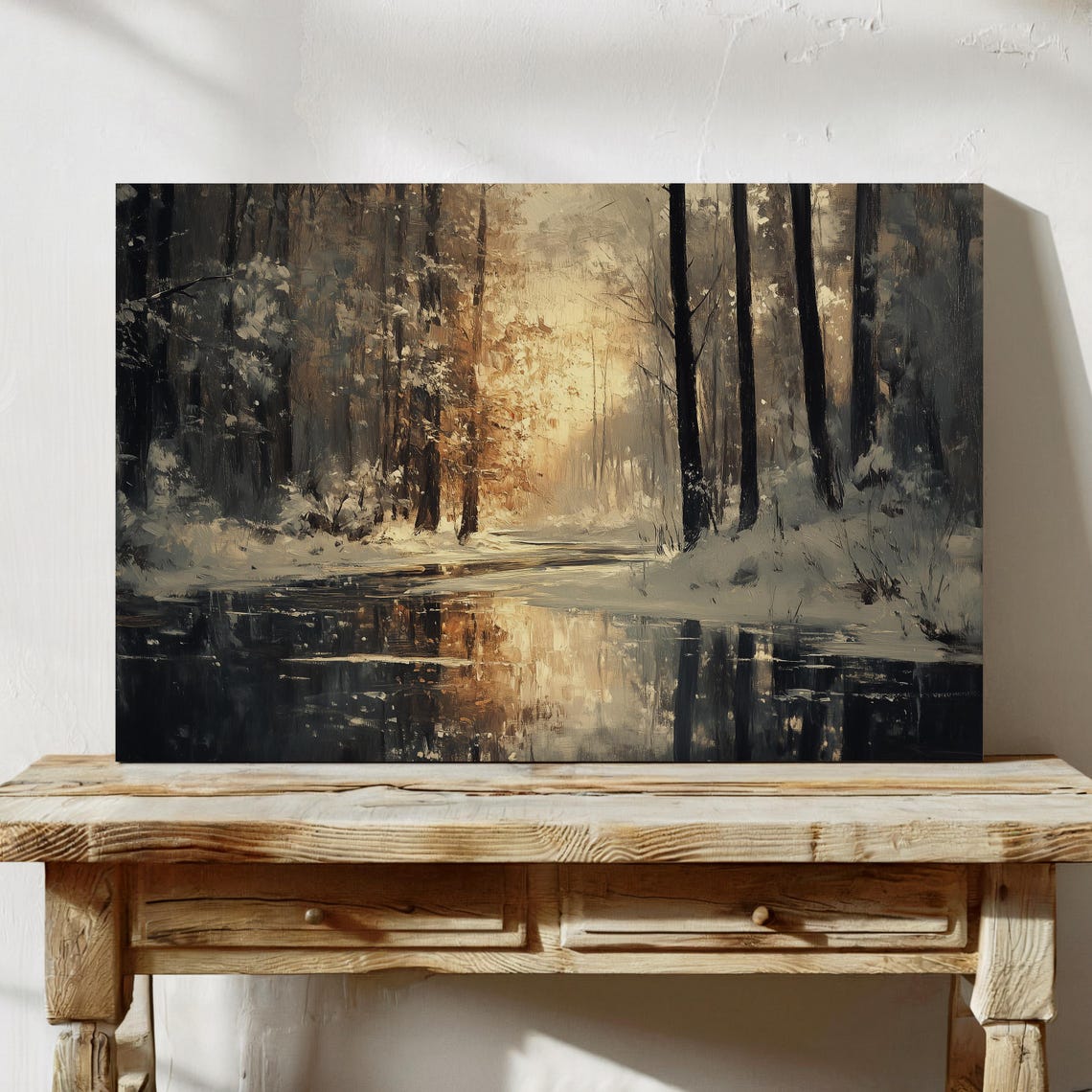 Winter Forest Reflected in Still Water With Golden Light Poster - Image 4