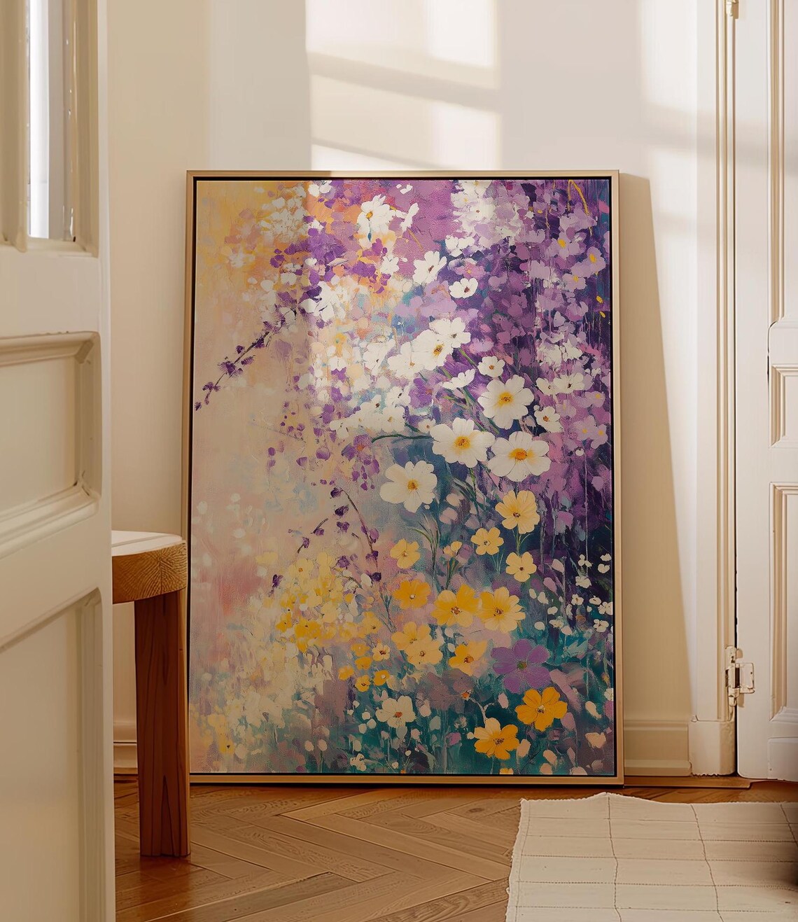 Impressionist Purple Cosmos and Yellow Wildflowers Painting Poster