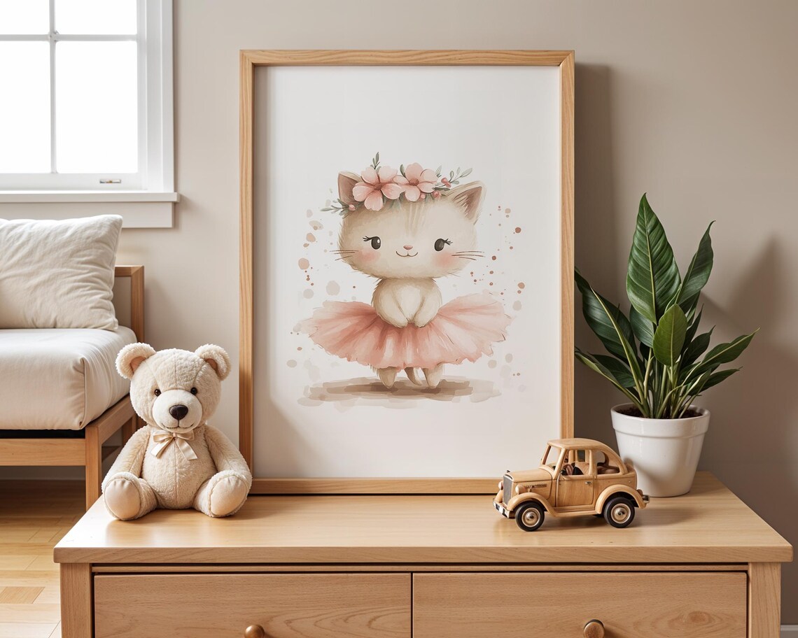 Gentle Kitten Ballerina with Pink Flower Crown Nursery Art Poster - Image 5