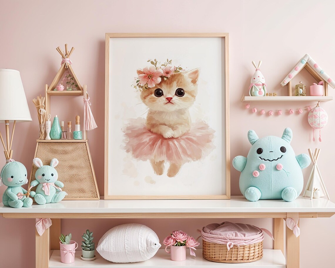 Precious Wide-Eyed Kitten Ballerina in Pink Tutu Nursery Art Poster - Image 5