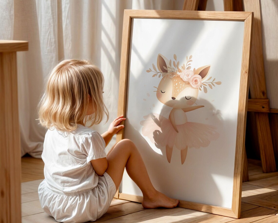Sweet Ballerina Fawn Watercolor Nursery Wall Art in Pink Tutu - Image 4