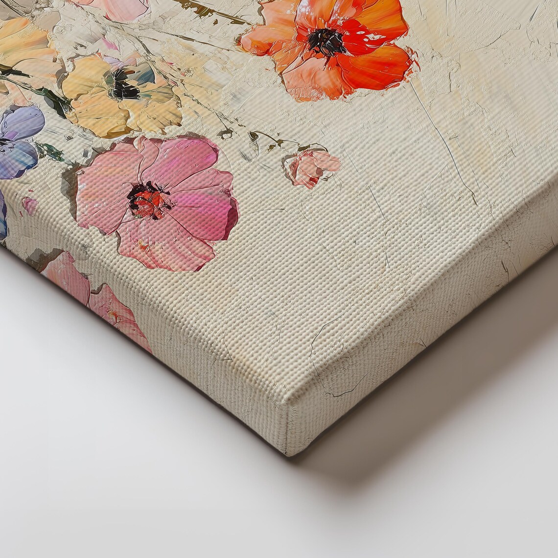 Textured Oil Painting of Coral Poppies on a Cream Canvas Poster - Image 2