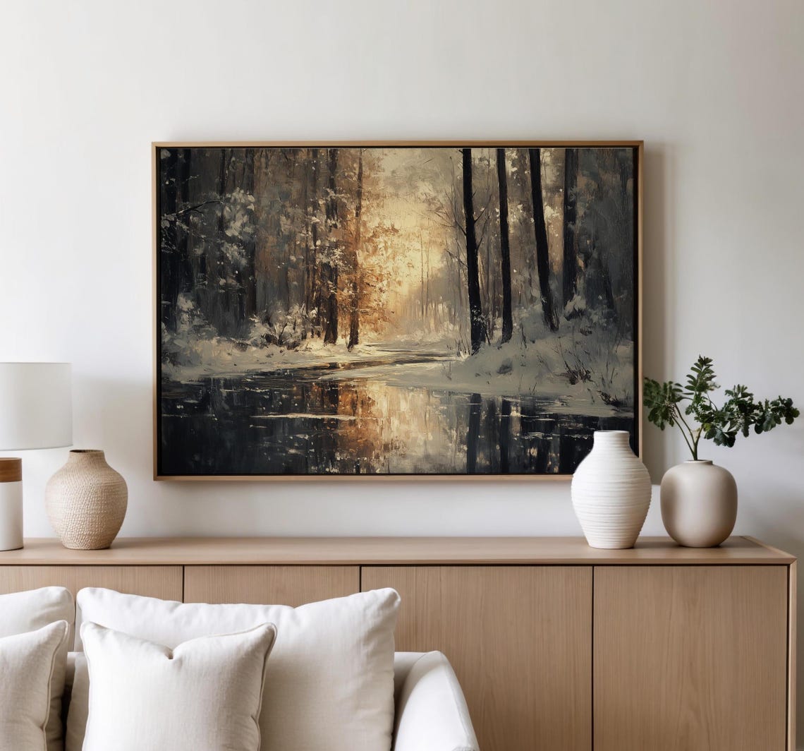 Winter Forest Reflected in Still Water With Golden Light Poster