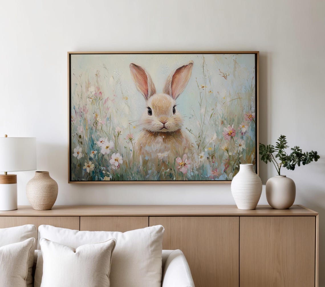 Adorable Bunny in a Pastel Wildflower Meadow Spring Easter Art Poster