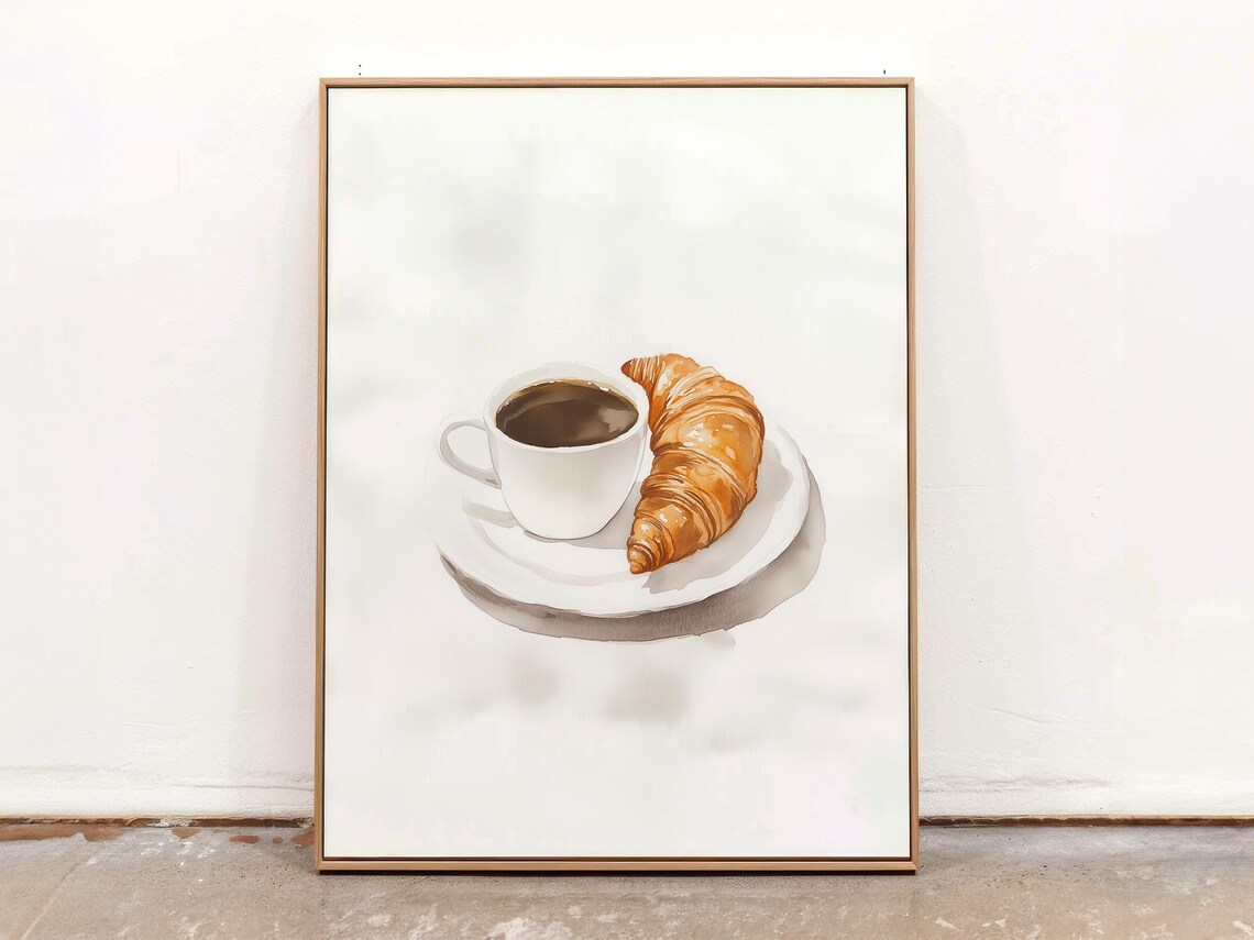Charming Watercolor Coffee Cup and Croissant Kitchen Art Poster - Image 2