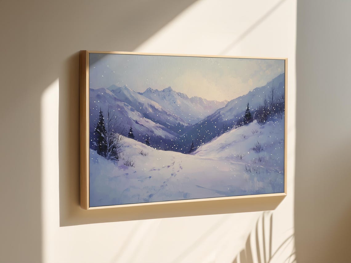 Snowy Mountain Valley at Dusk With Gently Falling Snow Poster - Image 2