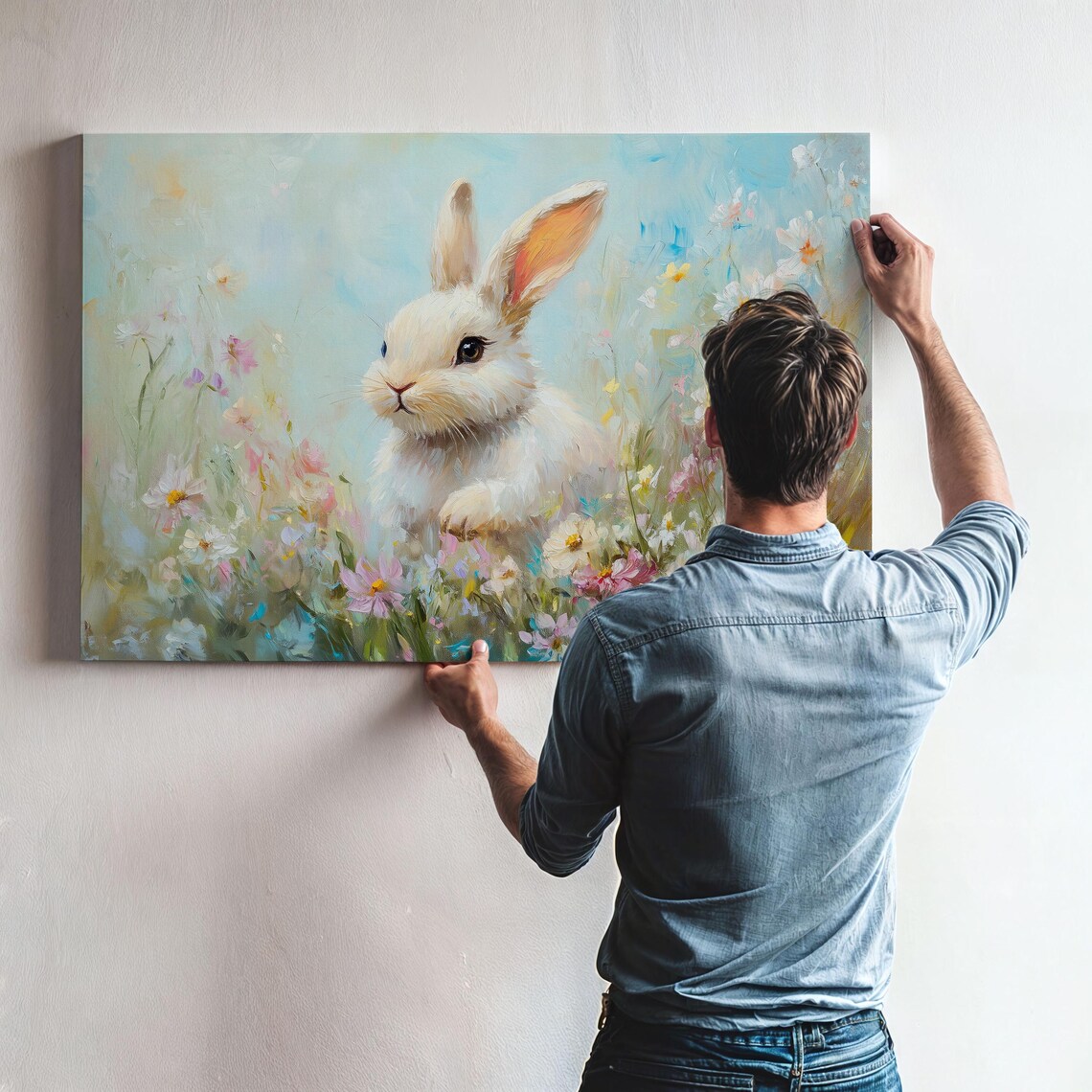 Sweet White Bunny Among Soft Pastel Wildflowers Spring Art Poster