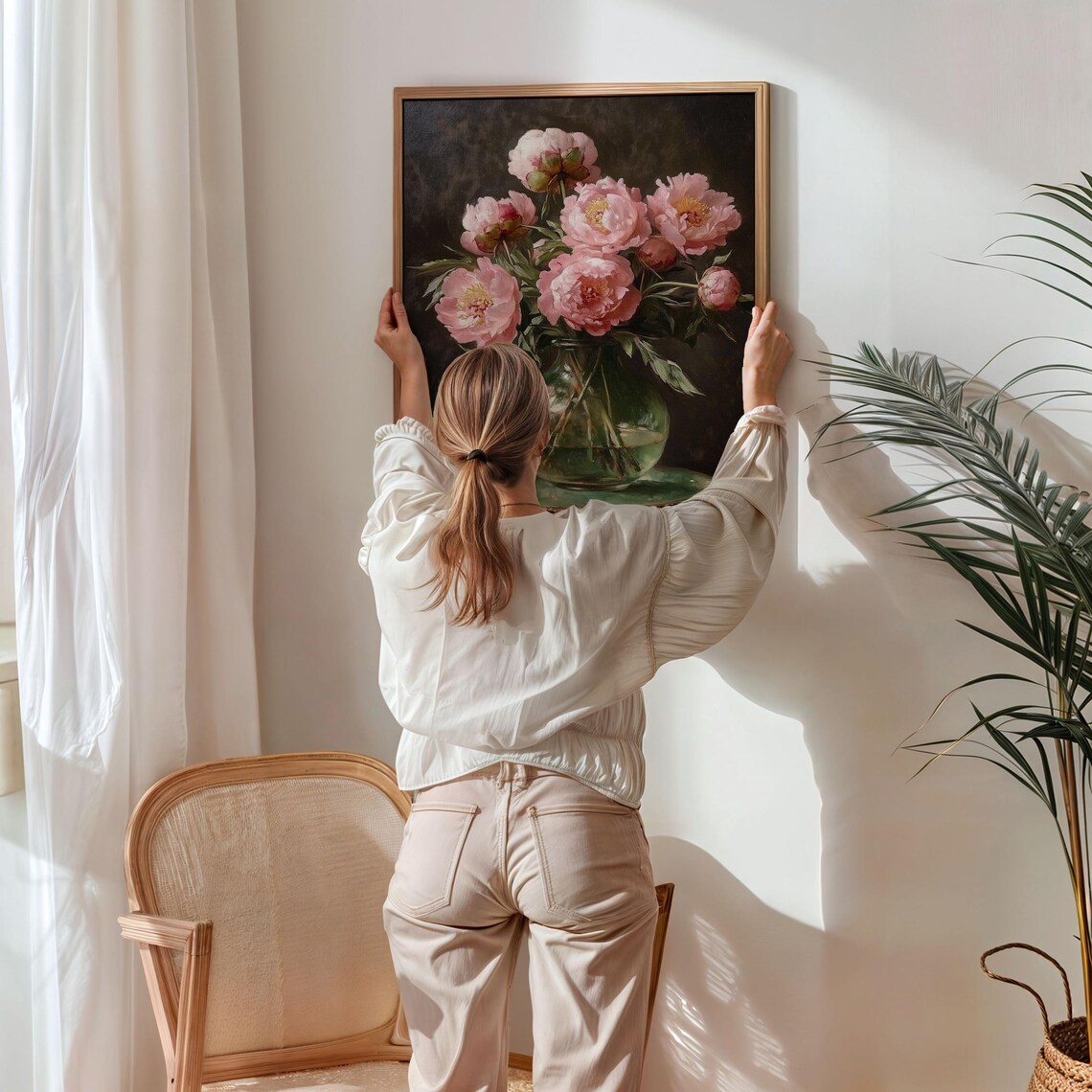 Pink Peonies in Glass Vase, Vintage Floral Print - Image 3