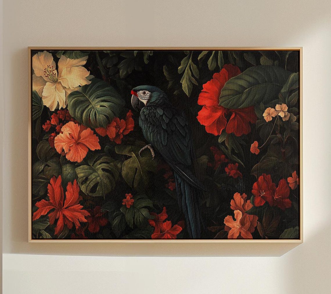 Dark Jungle Macaw Parrot Tropical Hibiscus Flower Art Poster