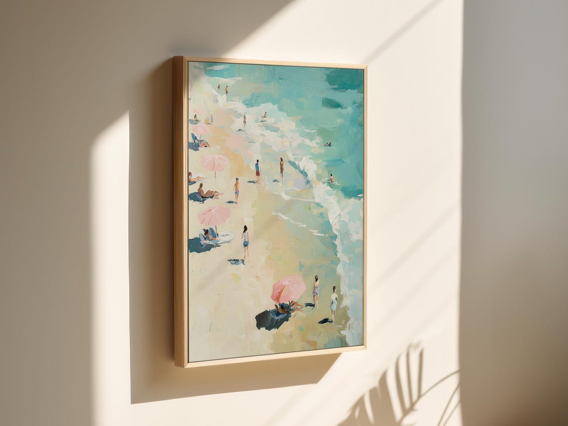 Joyful Aerial Beach Day with Pink Umbrellas Summer Art Poster - Image 3