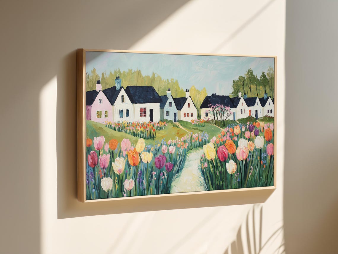 White Cottages and a Tulip Garden Path Countryside Landscape Poster - Image 2