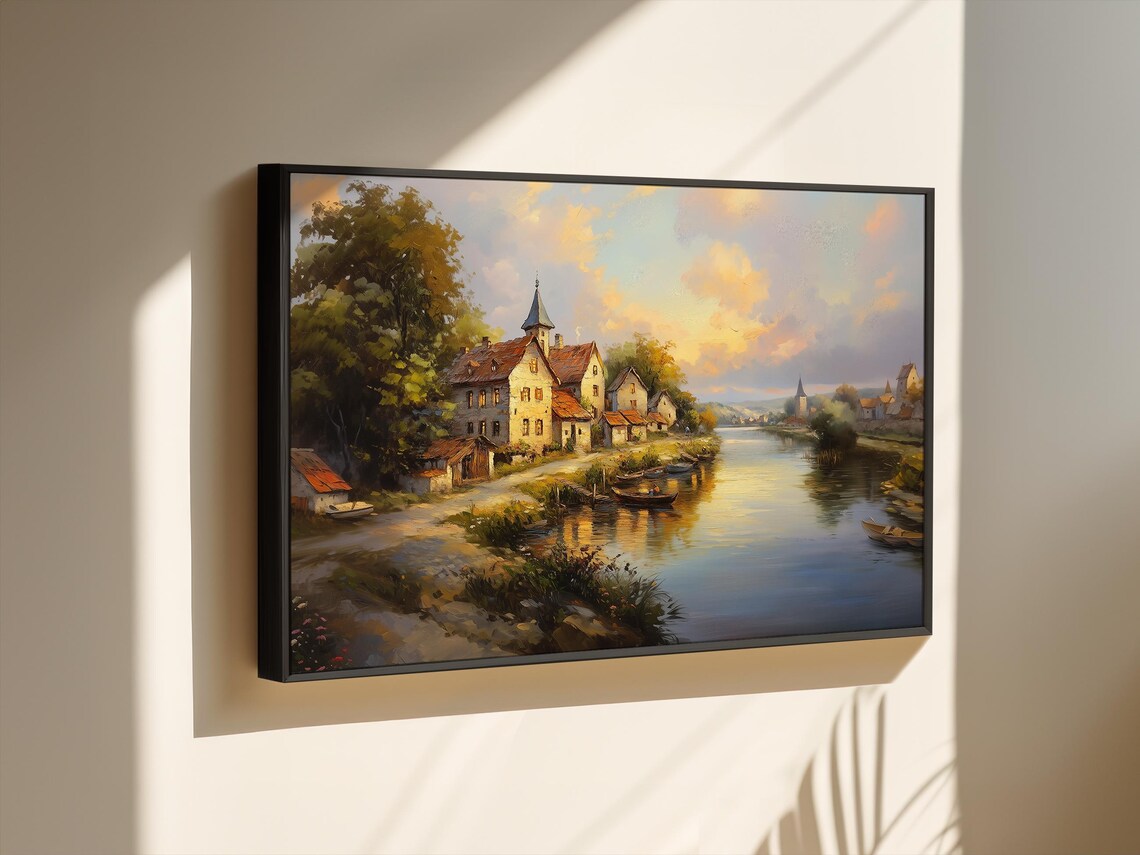 European Riverside Village at Golden Sunset Oil Painting Poster - Image 3