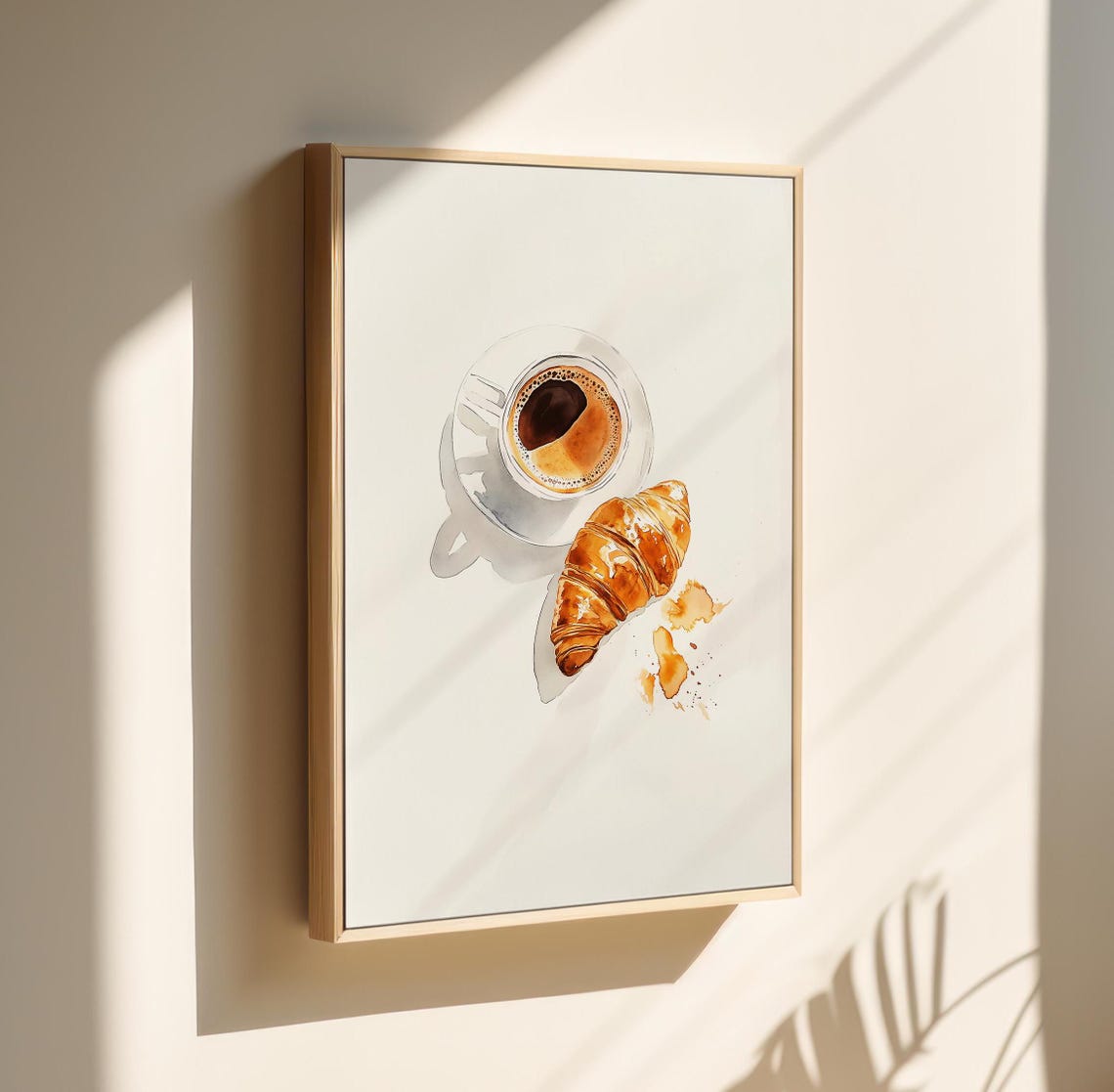 Watercolor Croissant and Coffee Breakfast Kitchen Wall Art Gift