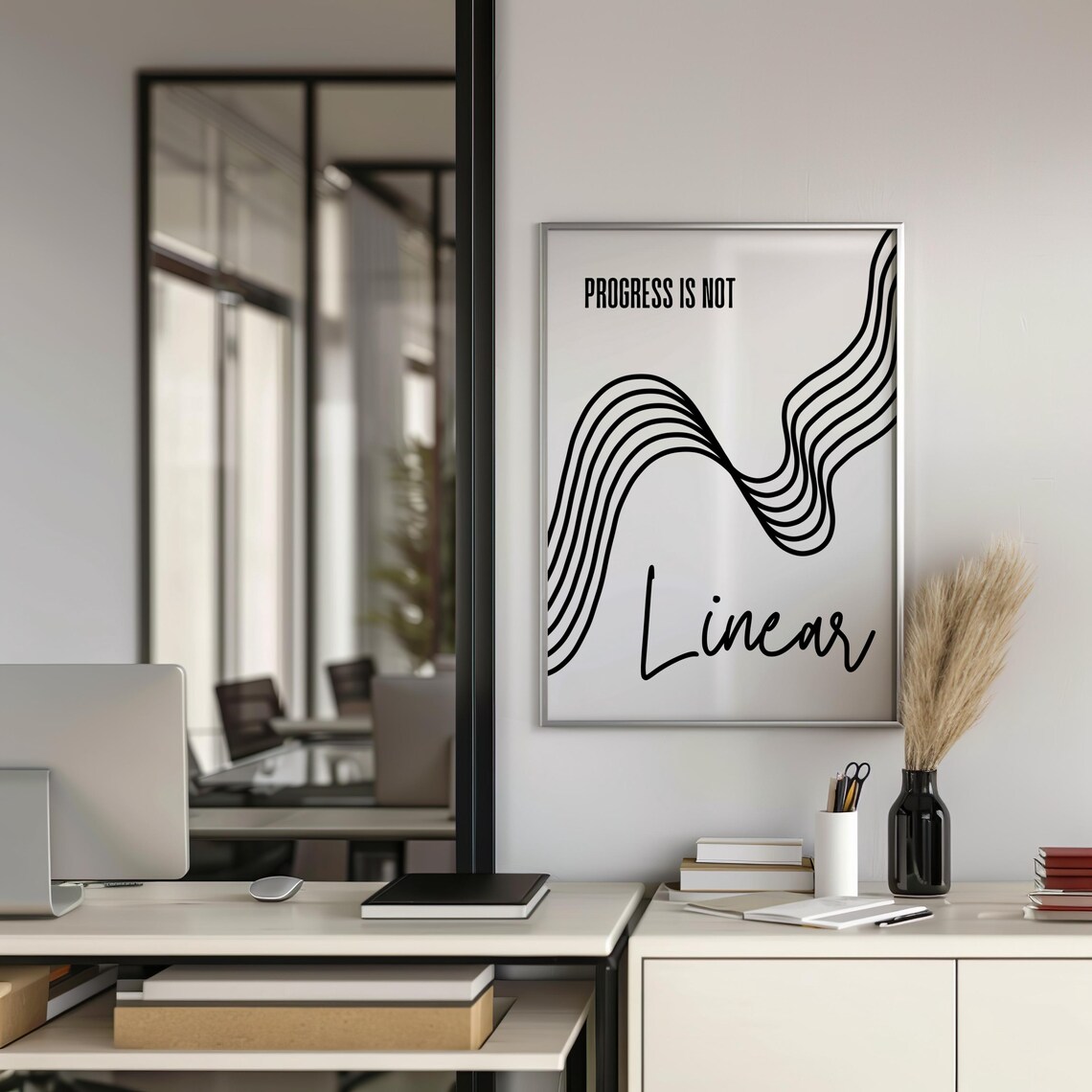 Progress Is Not Linear Minimalist Black White Wavy Line Quote Poster - Image 2