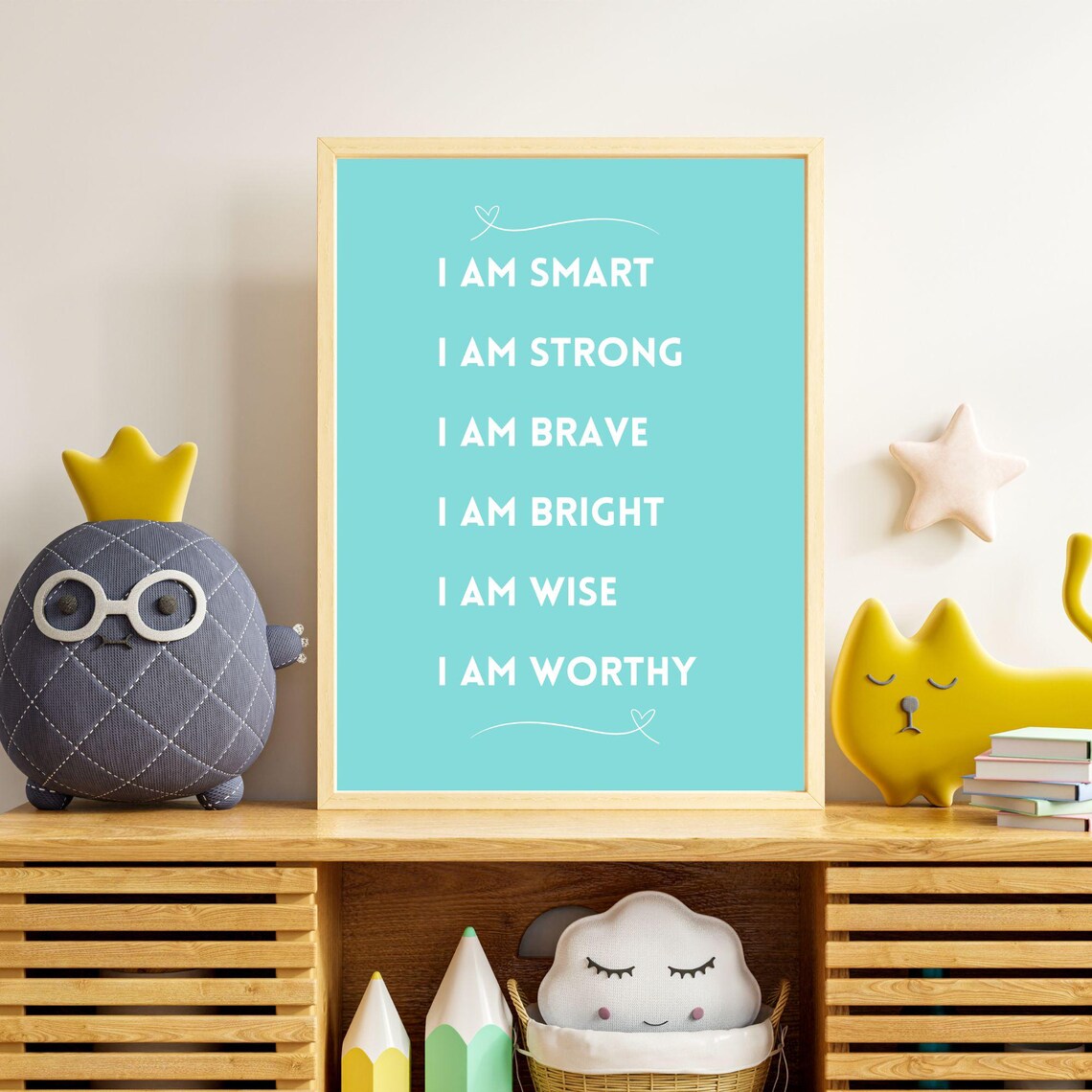 I Am Smart Strong Brave Affirmation Teal Background Quote Poster - Image 2