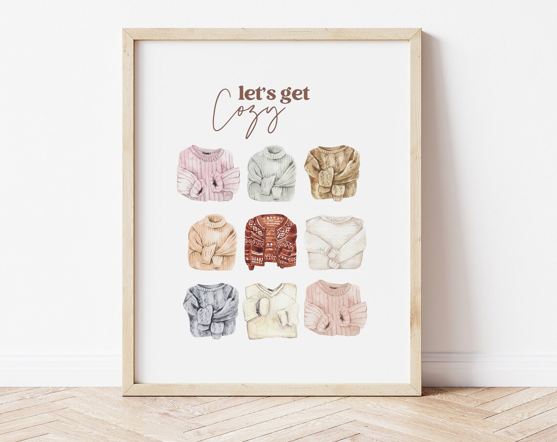 Lets Get Cozy Watercolor Knit Sweaters Print Neutral Winter Wall Art