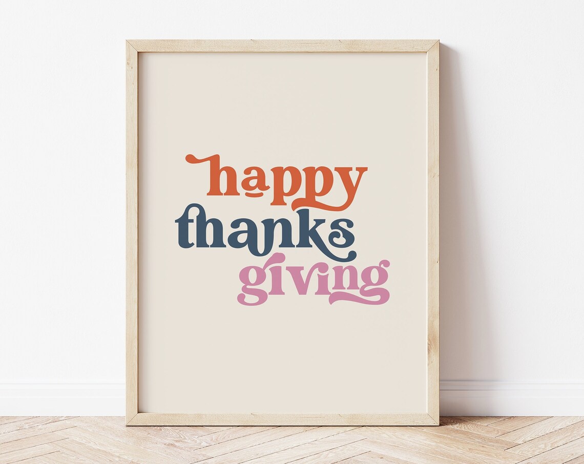 Happy Thanksgiving Retro Typography Print Multicolor Holiday Wall Art