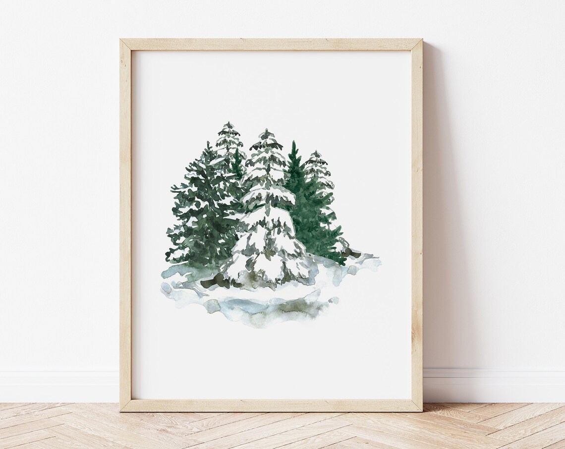 Watercolor Snow Covered Evergreen Trees Winter Minimal Wall Art Print