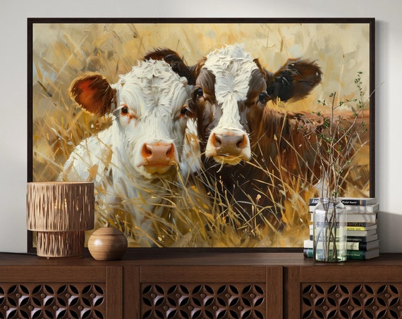 Whimsical Curious Calves Calf Painting Print For Rustic Charm And Farmhouse Decor Pastoral Relaxing Wall Art For Rustic Home Decor