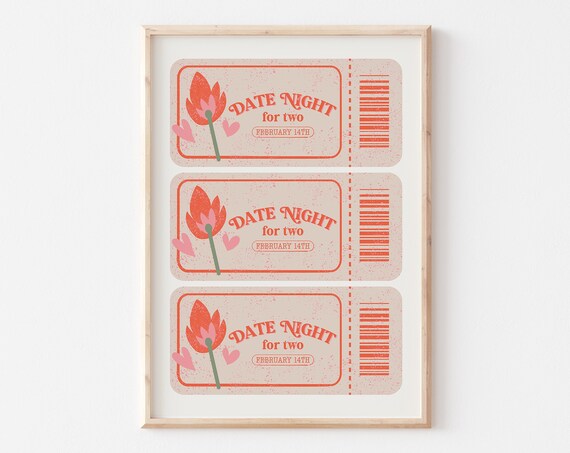 Date Night Ticket Print Trendy Pink Valentines Day Ticket Art Classic Valentines Wall Art Cute Girly Valentines Day Wall Decor
