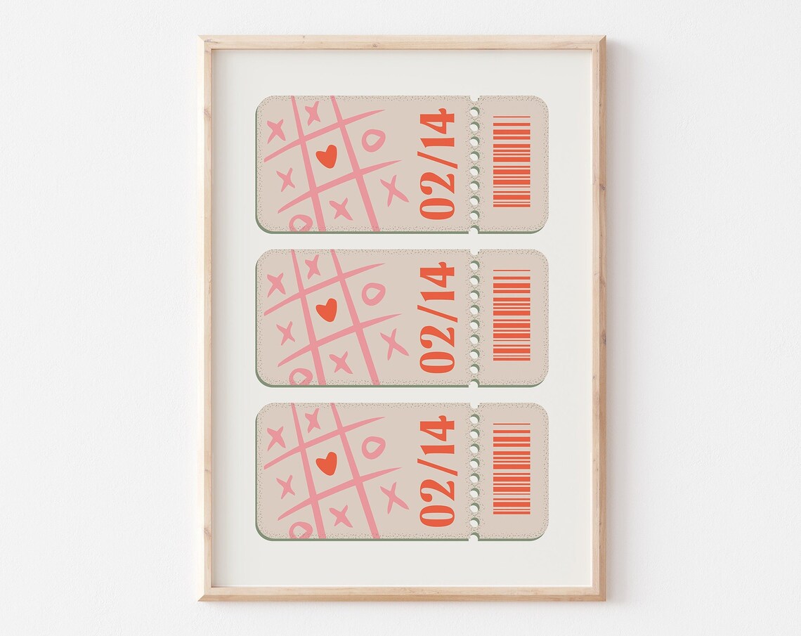 02/14 Retro Valentine Ticket Trio Tic Tac Toe Heart Art Poster