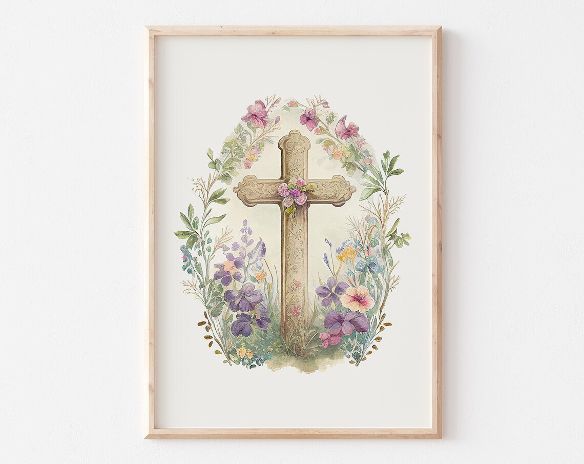 Ornate Cross With Pink Wildflower Arch Watercolor Easter Poster
