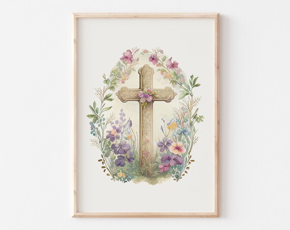 Ornate Cross With Pink Wildflower Arch Watercolor Easter Poster