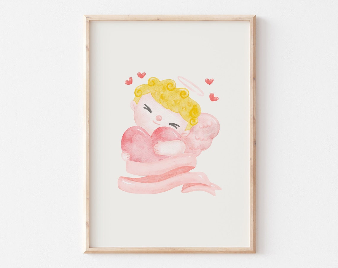 Adorable Cupid Cherub Hugging A Pink Heart Valentine's Print