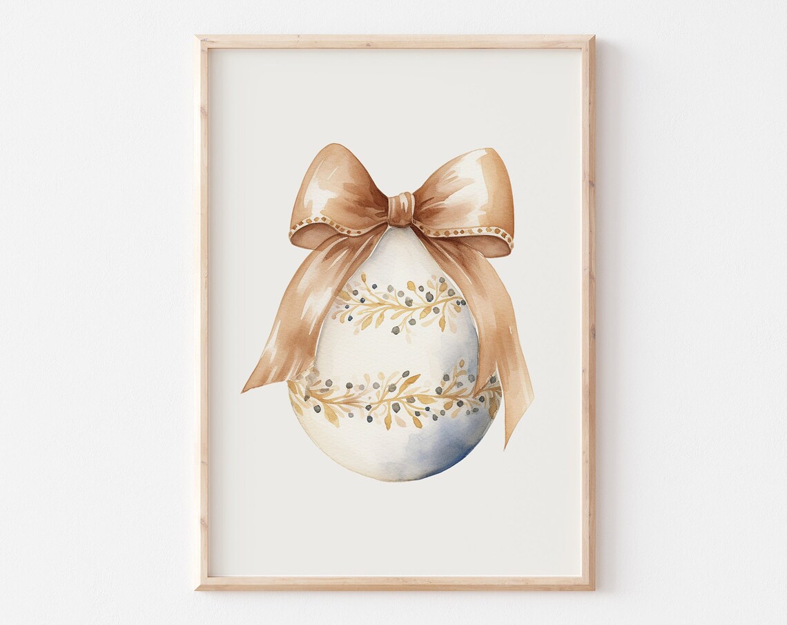 Beige Easter Egg With Gold Satin Bow Minimalist Elegant Poster