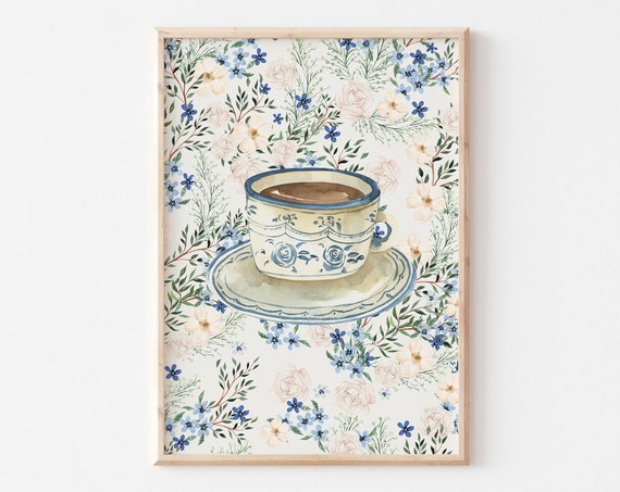 Coffee With Grandma Print Antique Floral Wall Art Trendy Apartment Decor Abstract Vintage Painting Cottagecore Decor Wall Art