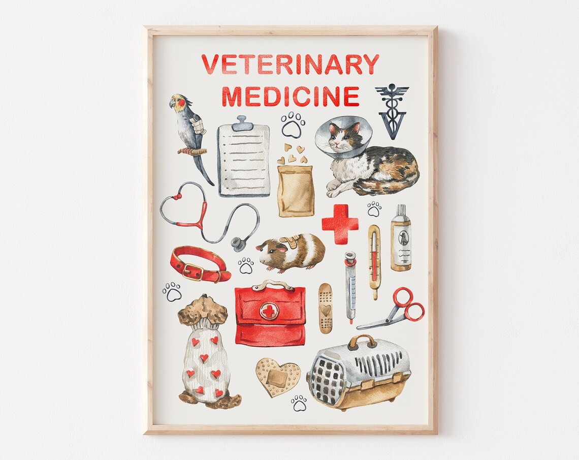 Veterinary Medicine Watercolor Animal Clinic Collage Art Poster