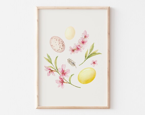 Cherry Blossom Branch With Pastel Eggs Watercolor Spring Poster