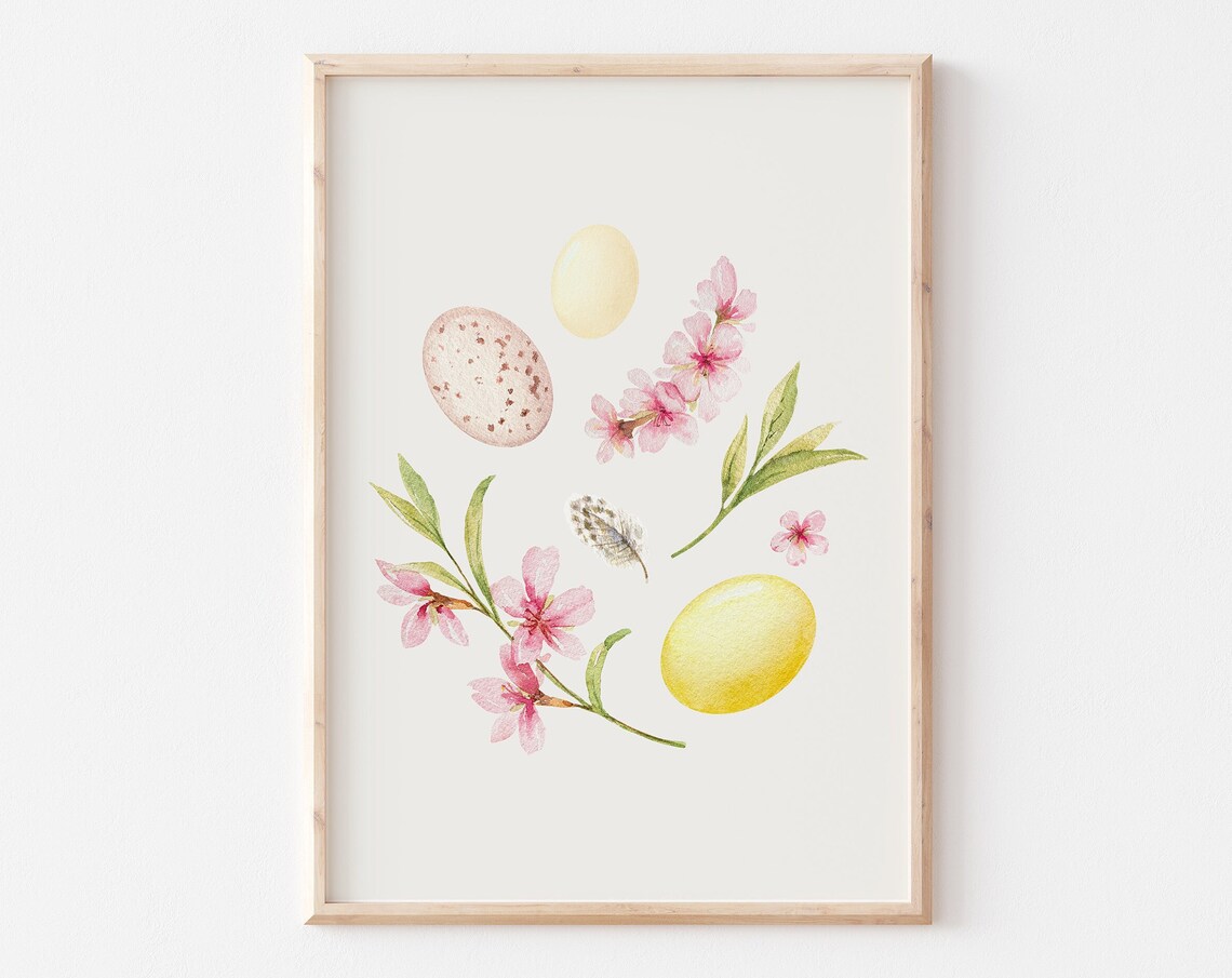 Cherry Blossom Branch With Pastel Eggs Watercolor Spring Poster