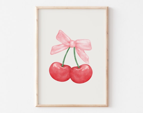 Pink Bow Cherry Print Coquette Aesthetic Wall Art Red And Pink Girly Poster Pink Coquette Decor Soft Girl Aesthetic