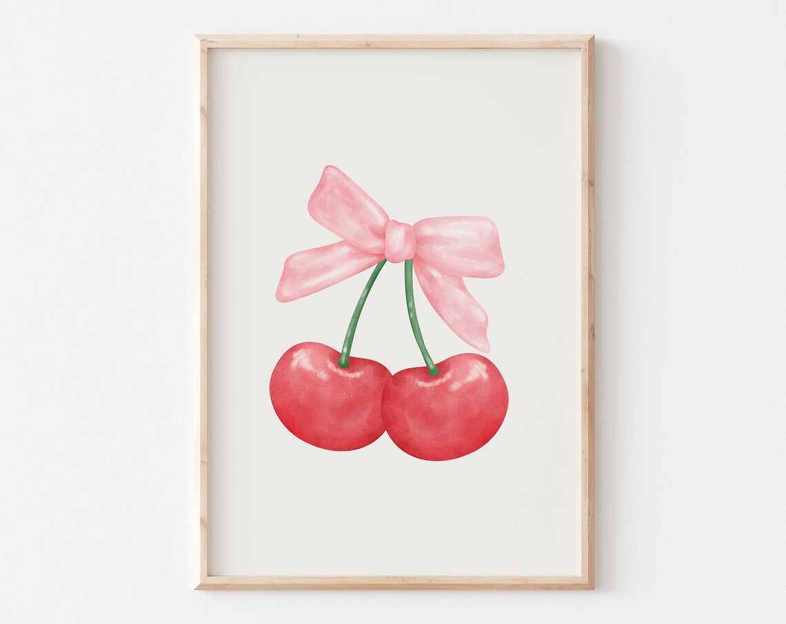 Pink Bow Watercolor Cherries Illustration Coquette Aesthetic Poster