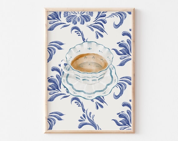 Coffee With Grandma Print Antique Cup Wall Art Trendy Apartment Decor Abstract Vintage Painting Cottagecore Decor Wall Art