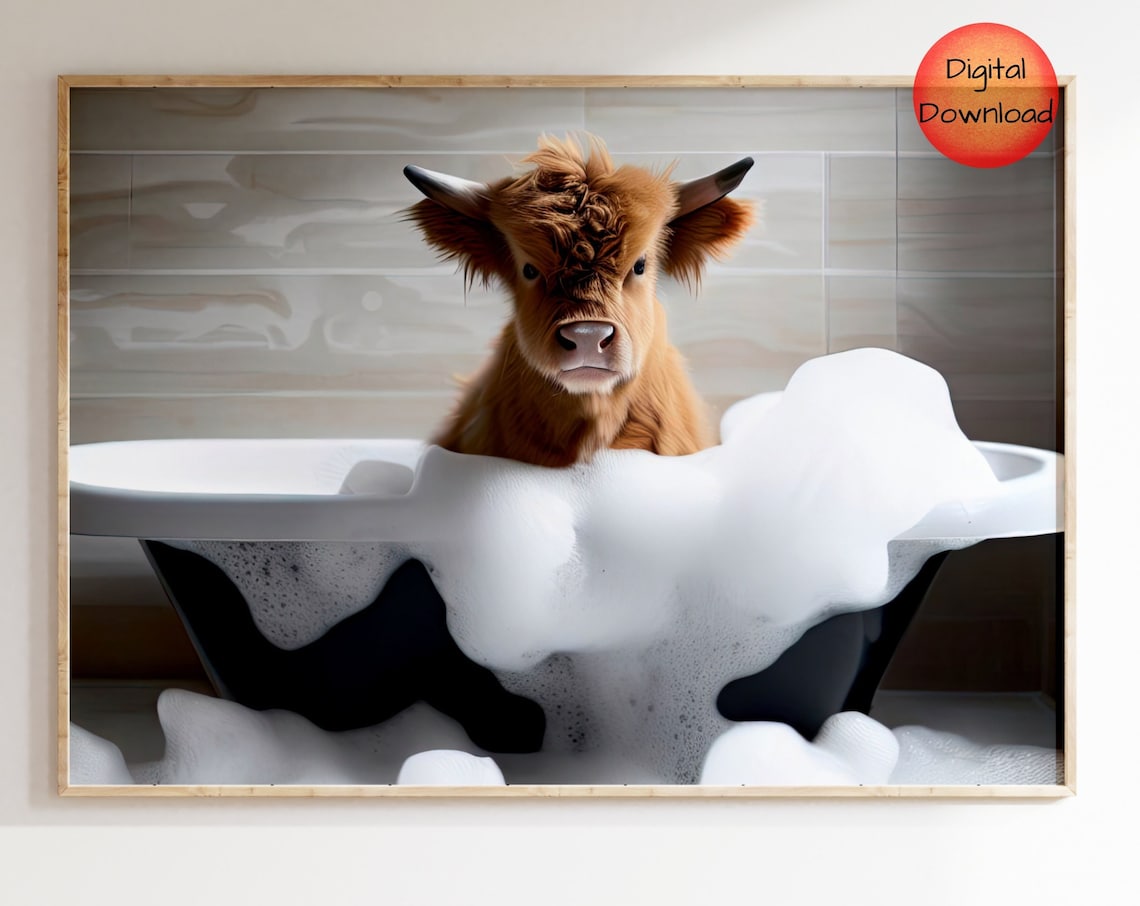 Baby Highland Cow Bathtub Art Print, Funny Bathroom