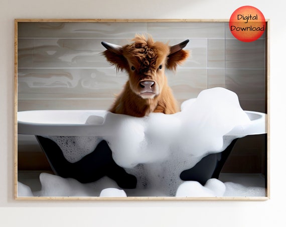 Baby Highland Cow Bathtub Art Print, Funny Bathroom